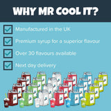 Why choose mr cool it? We manufacture our premium syrup in the UK, with over 30 flavours available. We also offer next working day delivery, subject to conditions.