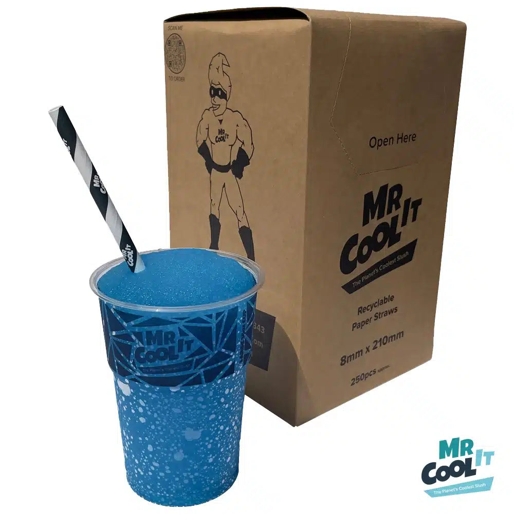 Mr Cool It branded paper 8mm straws box & cup of slush