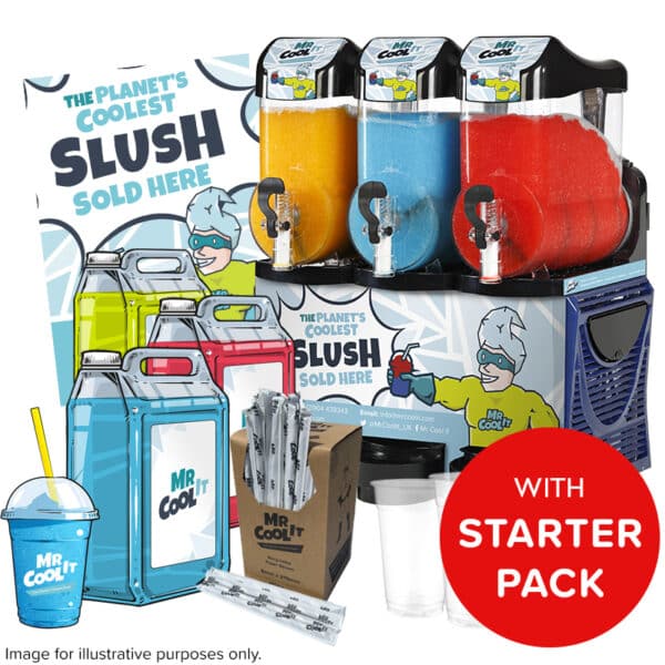 Mr Cool It Skyline Triple Slush machine 3 x 10L with starter pack featuring blue raspberry & red strawberry slush, straws, cups and poster