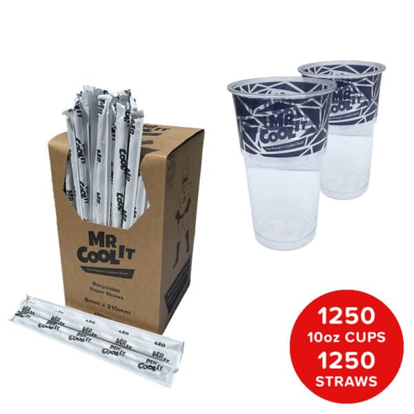 Mr Cool It branded 10oz plastic cups & straws