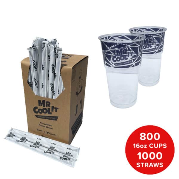 Mr Cool It branded 16oz plastic cups & straws