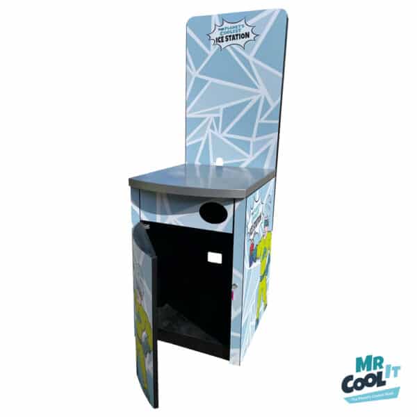 Mr Cool It branded slush machine display stand with removable back panel and lockable storage