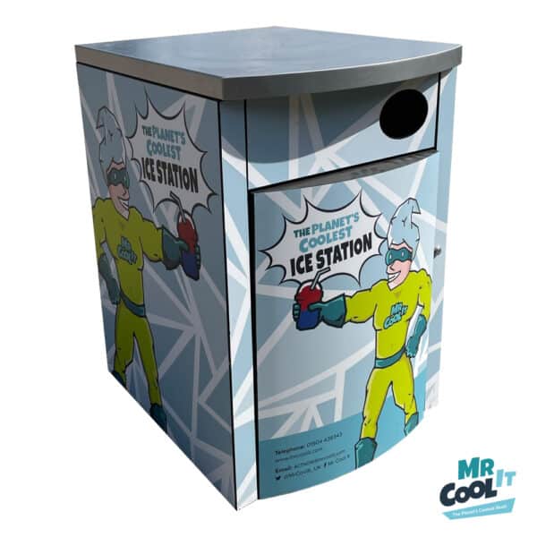 Mr Cool It branded slush machine display stand with removable back panel and lockable storage