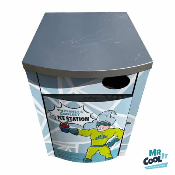 Mr Cool It branded slush machine display stand with removable back panel and lockable storage