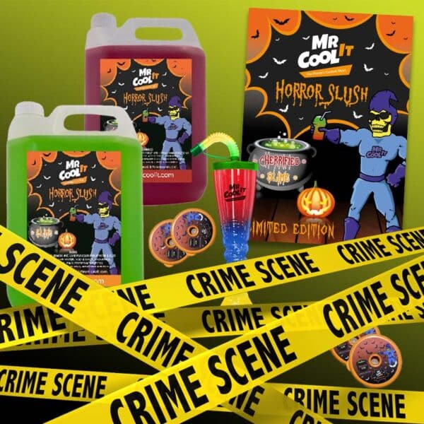 Halloween bundle featuring cherry syrup, lemon & lime syrup, twist cups, posters & machine decorations