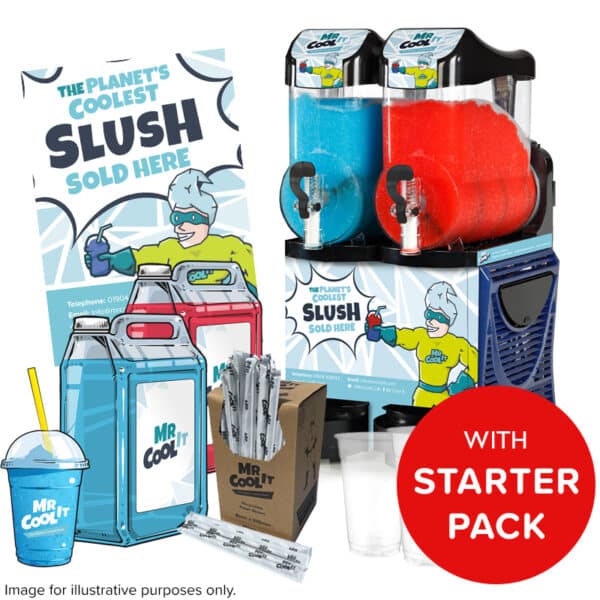 Mr Cool It Skyline Twin Slush machine 2 x 10L with starter pack featuring blue raspberry & red strawberry slush, straws, Plain cups and poster