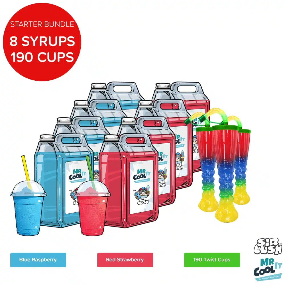 Syrup & cups bundle with 4 blue raspberry, 4 red strawberry and a box of 190 twisted cups